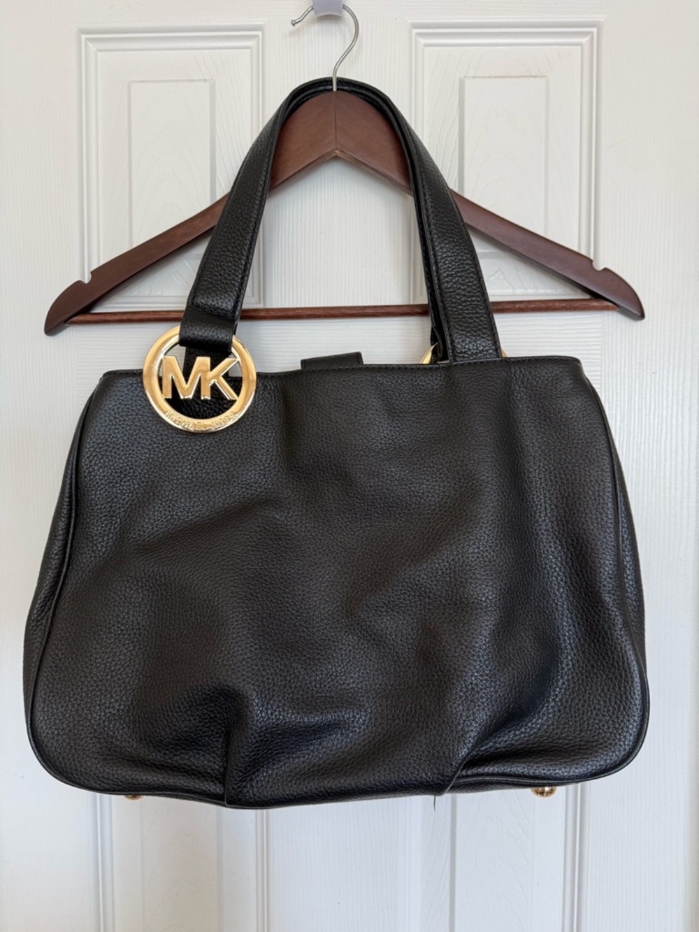 Michael Kors Black Leather Tote with Gold MK Logo Charm - Picture 13 of 13